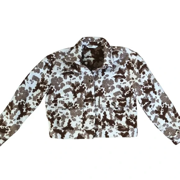 Sonoma Goods for Life Cropped Brown Cow Print Jacquard Bomber Jacket Sz M - Picture 12 of 16